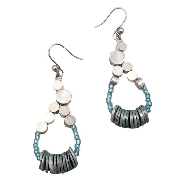 Vintage 1990s Chico’s Silver Teardrop Blue Beaded Dangle Earrings Mixed Metal - Picture 1 of 9